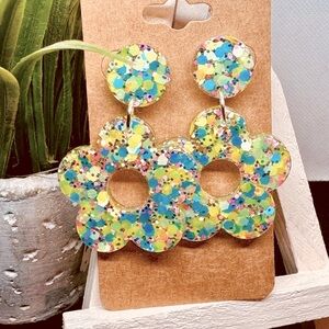 Handmade acrylic, earrings, glitter, multicolored flower shape